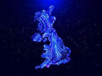 graphical outline of UK with blue flowing lines